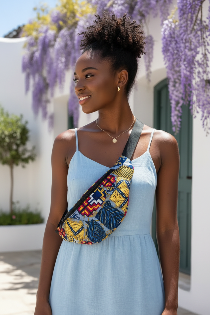 Sac Banane Matelassé en Tissu - Motif Mosaïque Éclatante & Sangle Ajustable