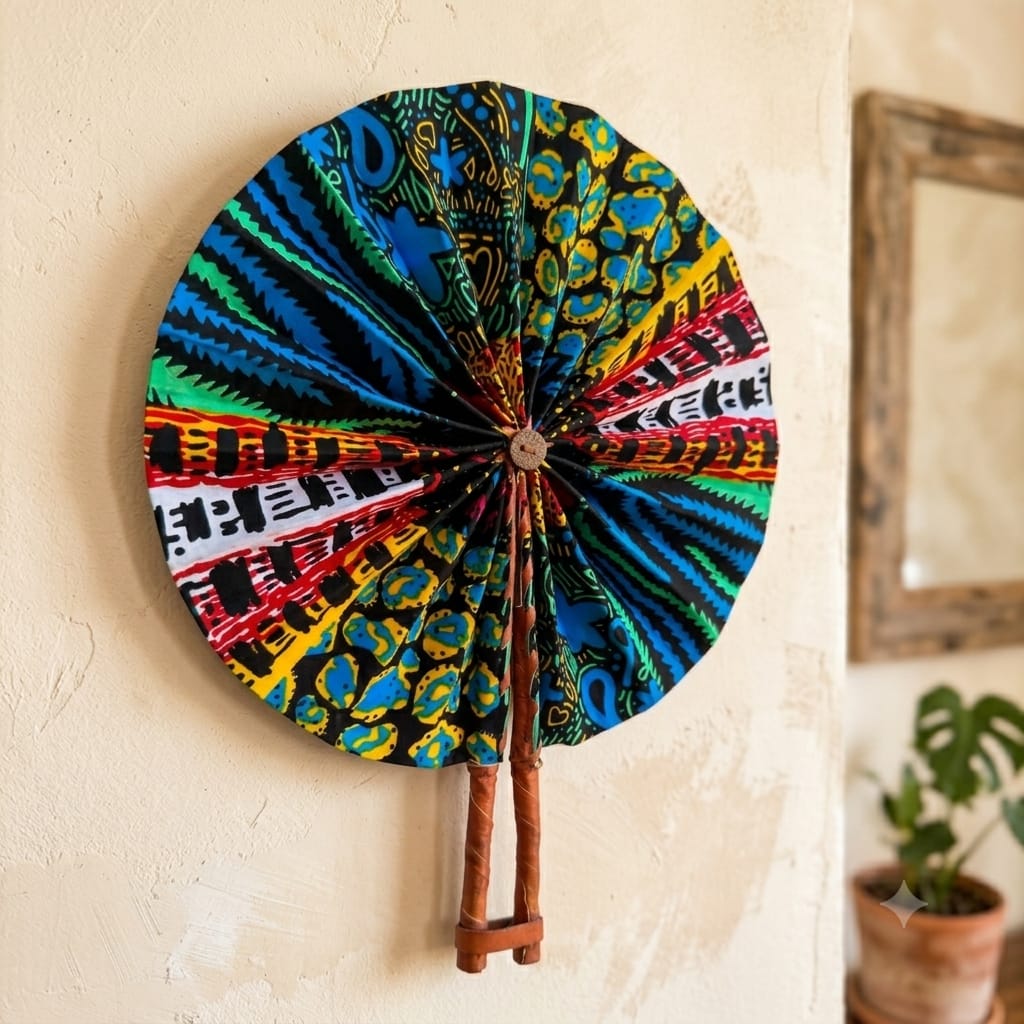 Éventail Pliable en Tissu & Cuir Artisanal - Accessoire de Mode & Décoration Murale