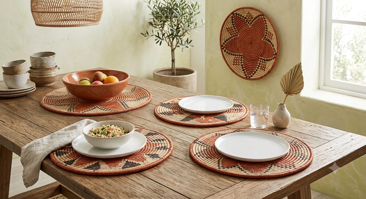 Set de table / Dessous de plat tressé 33 cm – Motifs Géométriques Terracotta & Ébène